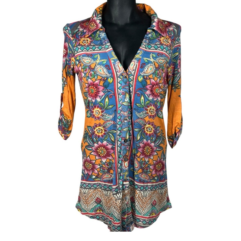 Derhy Small Button Down Shirt Top 3/4 Roll Sleeves Embellished Vacation Colorful - Picture 1 of 11